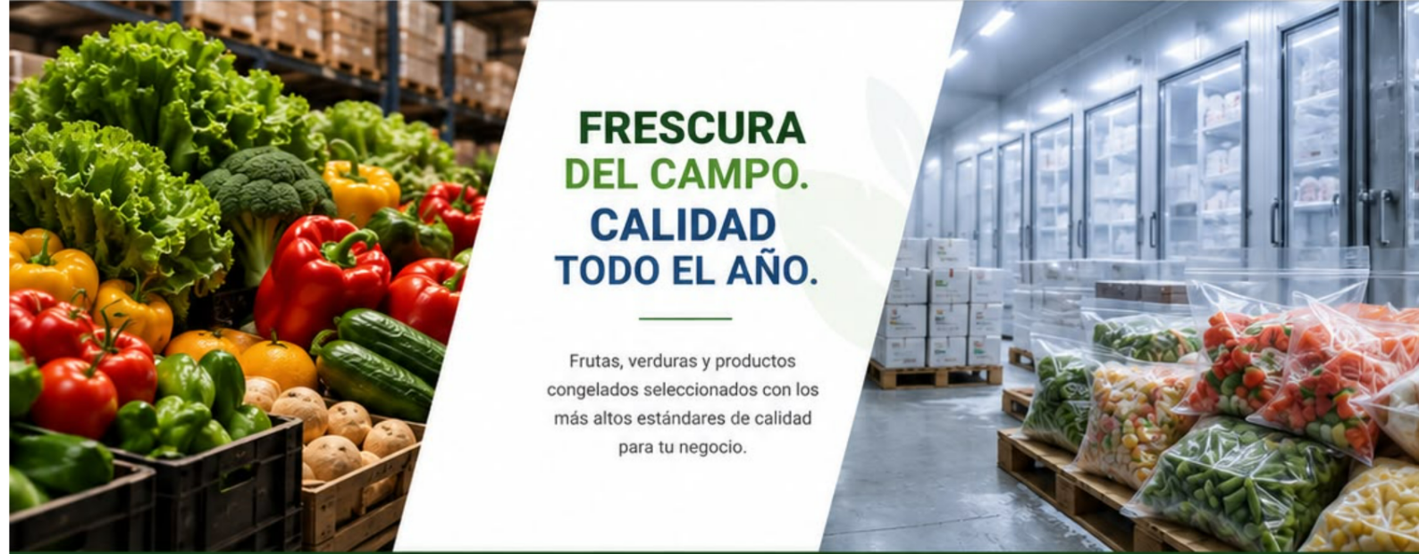 Verduras frescas, mensaje Frescura del campo, calidad todo el año, y centro refrigerado con productos congelados